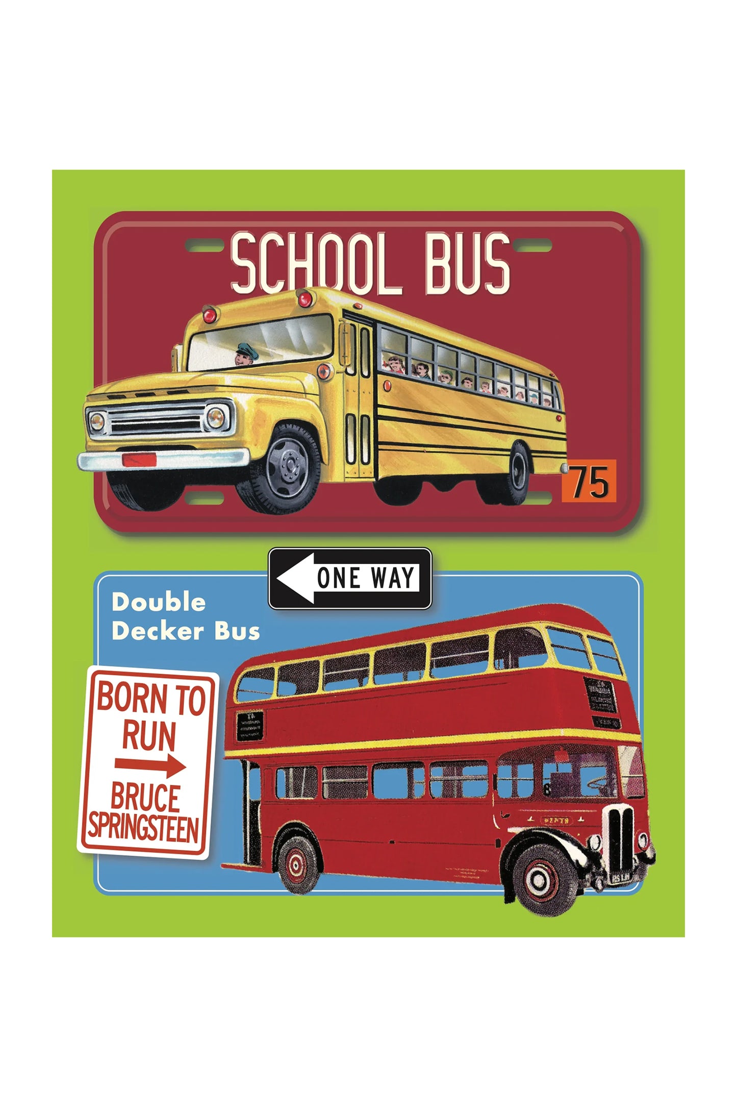 Illustration of a school bus and a double-decker bus on a green background