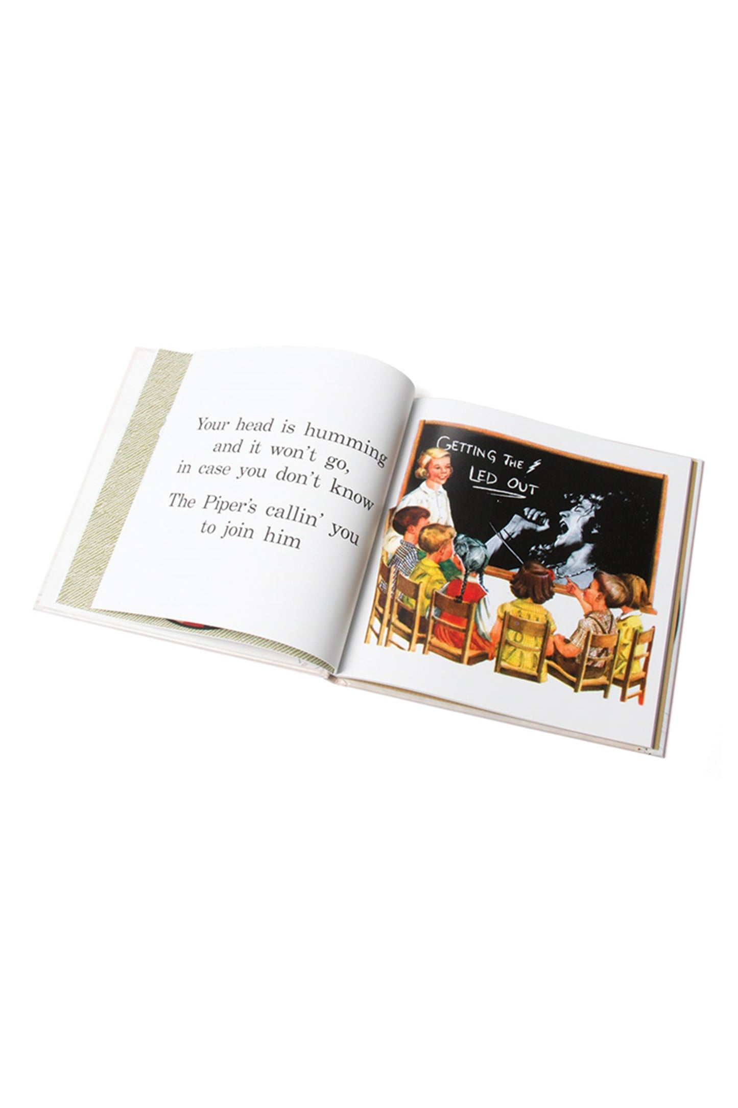 Open book with text and vintage-style illustration on a white background