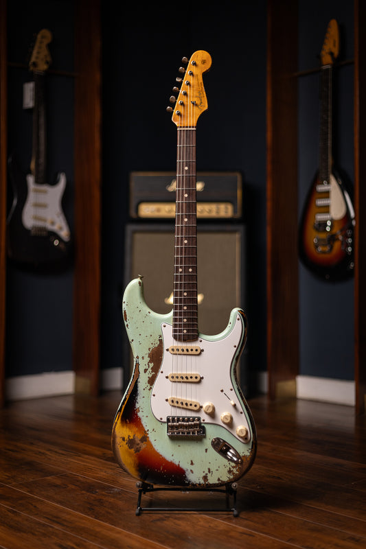 Fender Custom Shop 1963 Stratocaster Electric Guitar - Surf Green over 3-color Sunburst, Super Heavy Relic