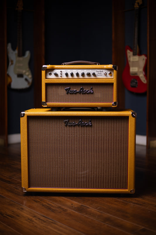 Two-Rock Studio Signature 120v Head and 1x12 Open Back 2R12 Speaker Cabinet - Amber Lacquered Tweed, Silver Anodized, Oxblood Stripe Cloth, Black Knobs, Maroon Pipping