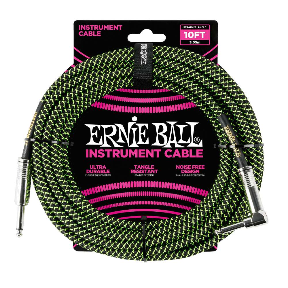 Ernie Ball Braided Instrument Cable 10' - Black/ Green - Walt Grace Vintage