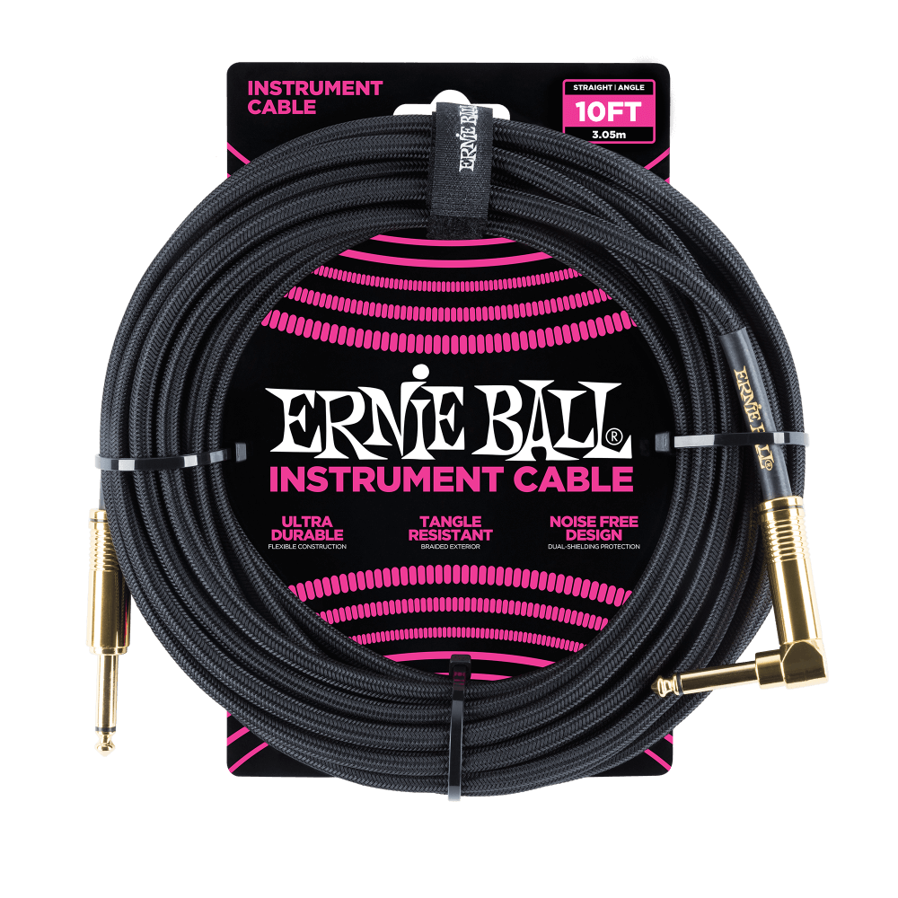 Ernie Ball Instrument Cable 10' Gold Connectors Angle/Straight - Black - Walt Grace Vintage