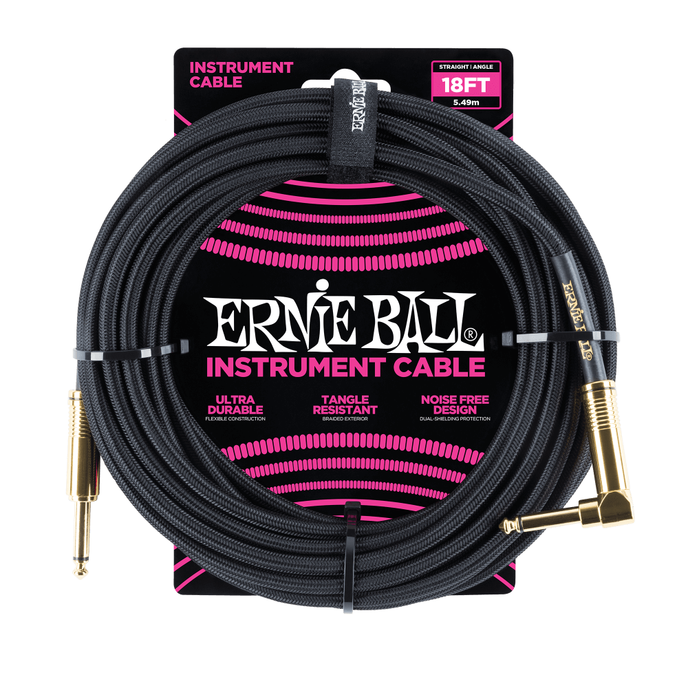 Ernie Ball Instrument Cable 18' Gold Connectors Angle/Straight - Black - Walt Grace Vintage