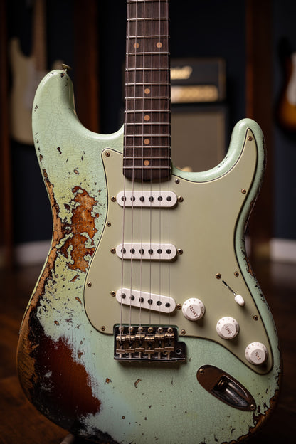 Fender Custom Shop 1961 Stratocaster Super Heavy Relic, 3A Rosewood Fingerboard Electric Guitar - Aged Surf Green over 3-Color Sunburst