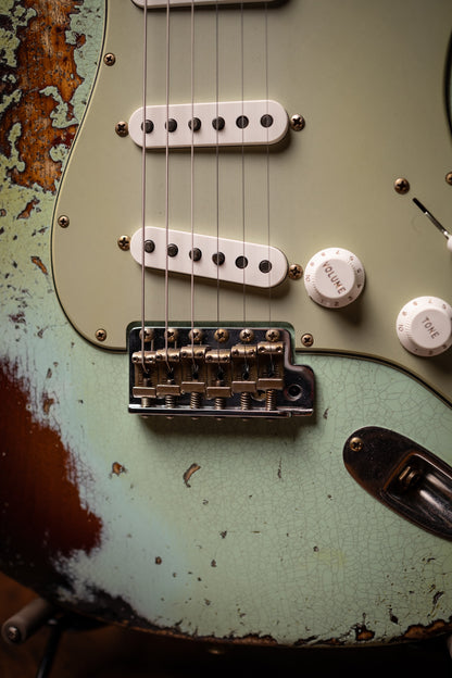 Fender Custom Shop 1961 Stratocaster Super Heavy Relic, 3A Rosewood Fingerboard Electric Guitar - Aged Surf Green over 3-Color Sunburst