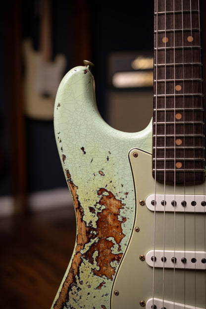 Fender Custom Shop 1961 Stratocaster Super Heavy Relic, 3A Rosewood Fingerboard Electric Guitar - Aged Surf Green over 3-Color Sunburst