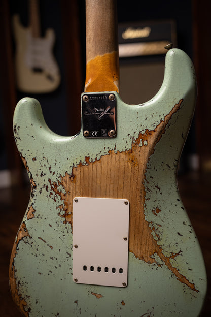Fender Custom Shop 1961 Stratocaster Super Heavy Relic, 3A Rosewood Fingerboard Electric Guitar - Aged Surf Green over 3-Color Sunburst