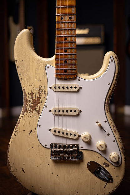 Fender Custom Shop 1969 Stratocaster Heavy Relic Electric Guitar - Aged Vintage White with Matching Headcap