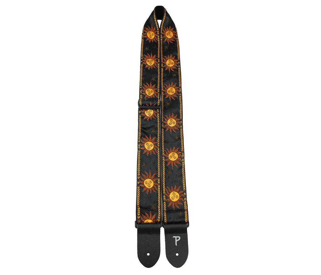 Yellow Suns On Black Jacquard with Leather Ends Guitar Strap