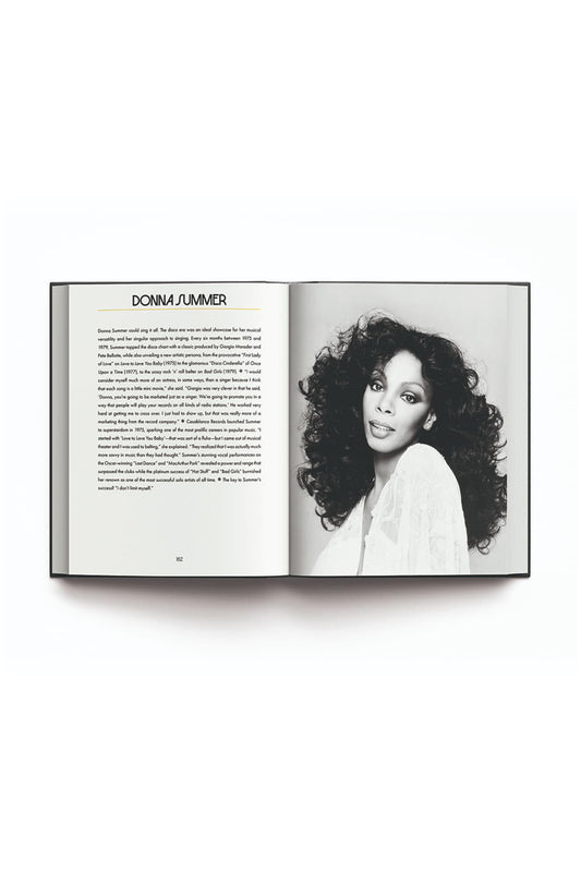 Open book with a black and white photo of a woman on one page and text on the other, on a white background.