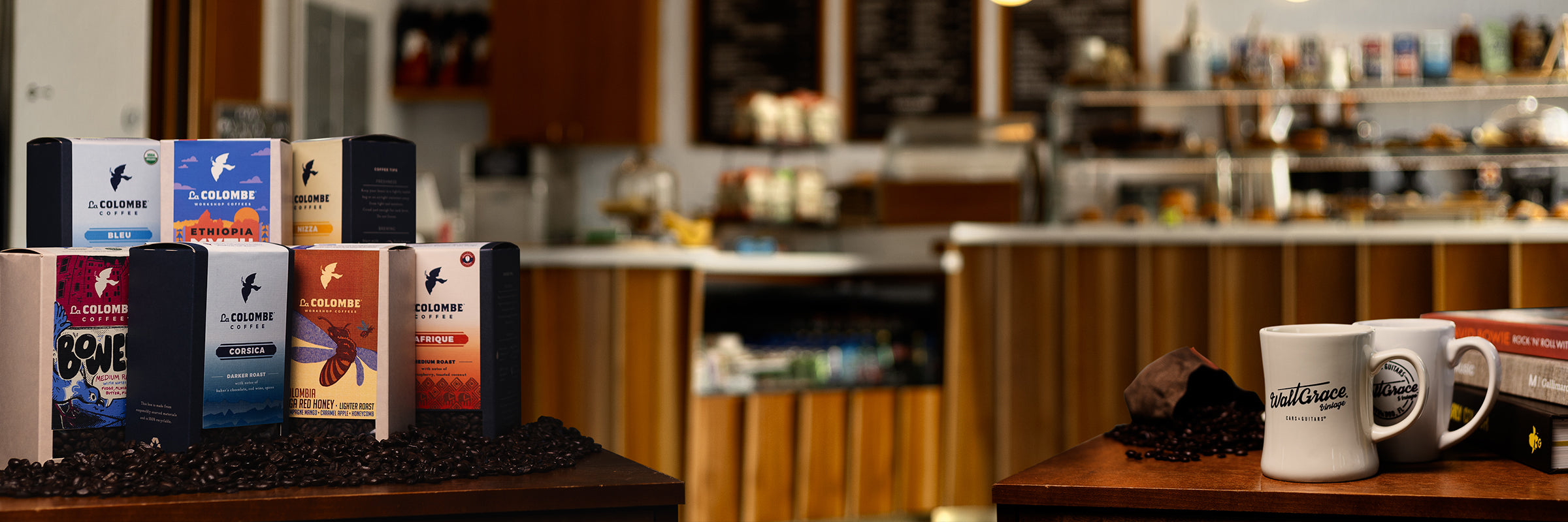 Walt Grace Cafe with coffee related products in front