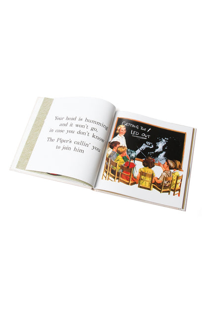 Open book with text and vintage-style illustration on a white background