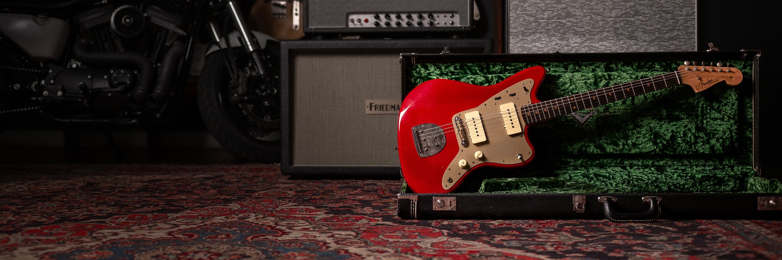 Fender Jazzmaster in front of Friedman amp at Walt Grace Vintage