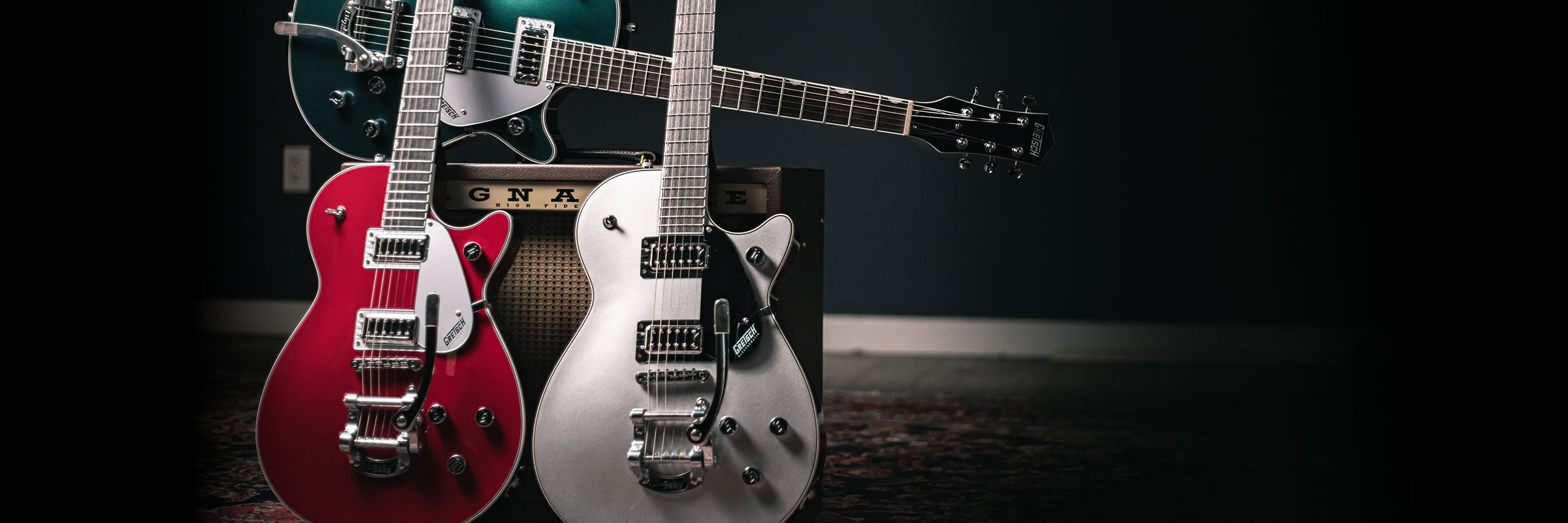 Gretsch Hero Image with 3 Jet guitars with Bigsby