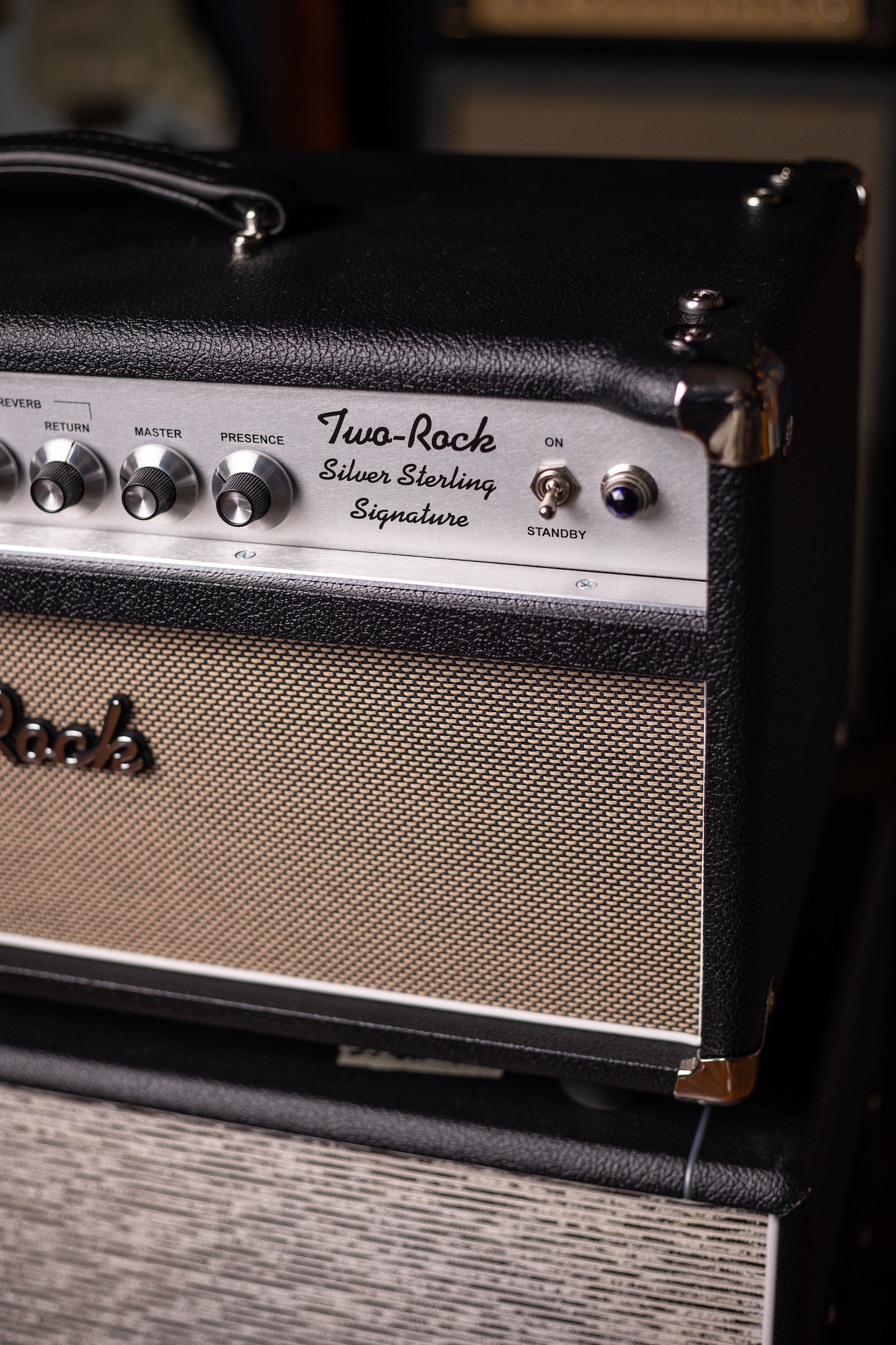 Two-Rock Silver Sterling Signature 100 Watt Head - Black Bronco, Aged British Black and Tan Cloth, White Piping, Silver Knobs