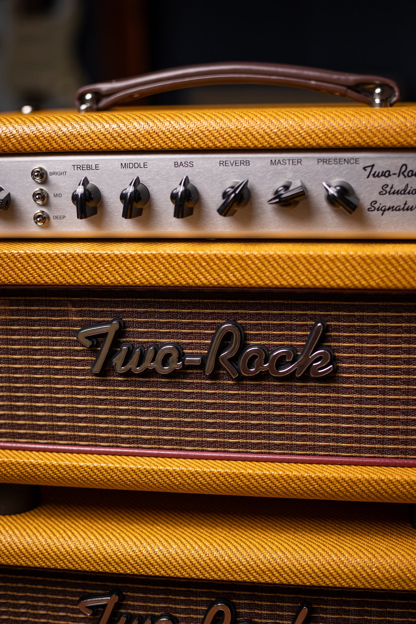 Two-Rock Studio Signature 120v Head and 1x12 Open Back 2R12 Speaker Cabinet - Amber Lacquered Tweed, Silver Anodized, Oxblood Stripe Cloth, Black Knobs, Maroon Pipping