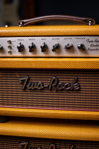 Two-Rock Studio Signature 120v Head and 1x12 Open Back 2R12 Speaker Cabinet - Amber Lacquered Tweed, Silver Anodized, Oxblood Stripe Cloth, Black Knobs, Maroon Pipping