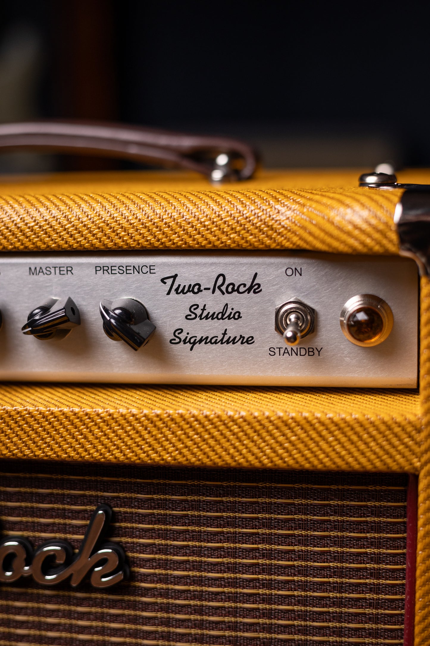 Two-Rock Studio Signature 120v Head and 1x12 Open Back 2R12 Speaker Cabinet - Amber Lacquered Tweed, Silver Anodized, Oxblood Stripe Cloth, Black Knobs, Maroon Pipping
