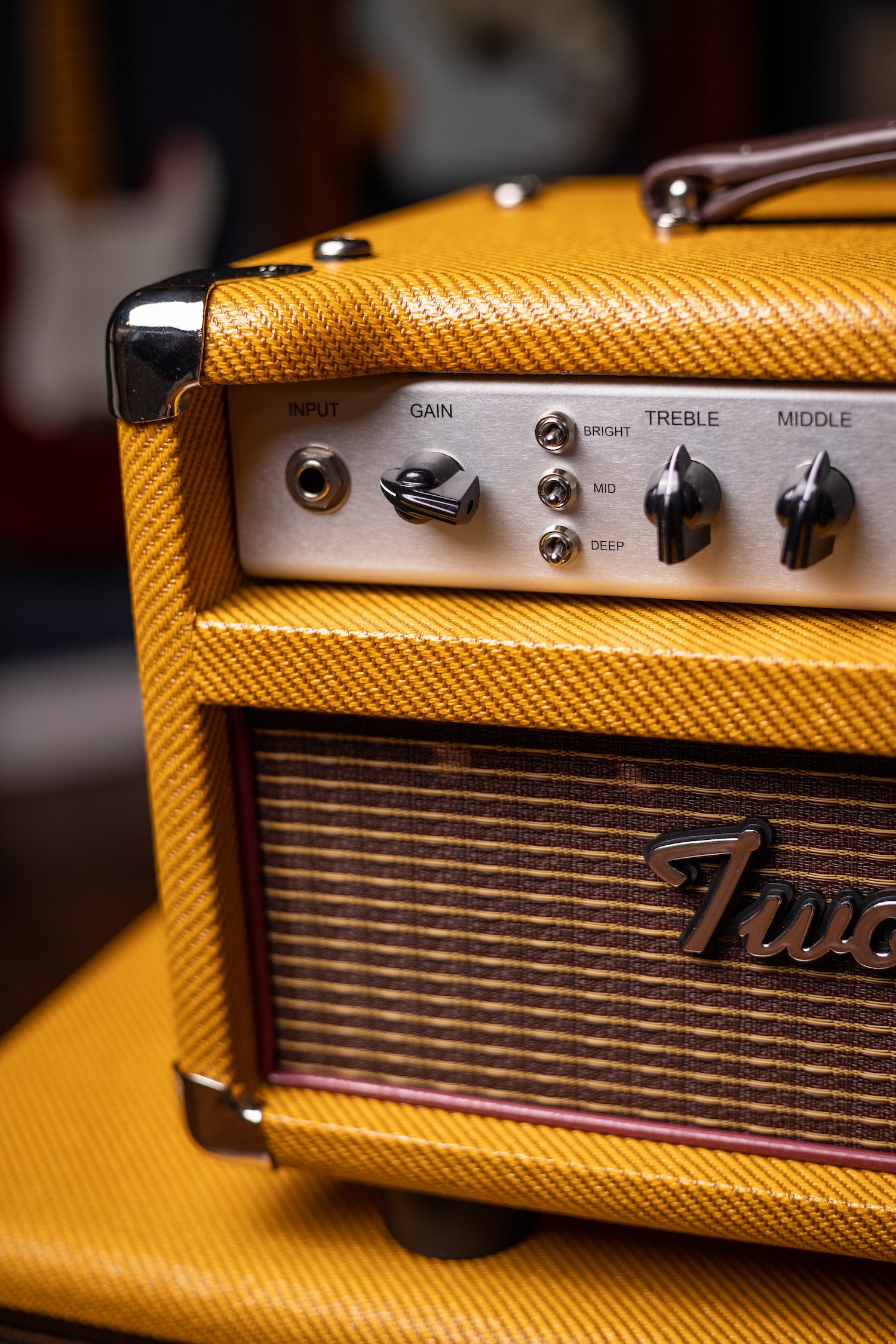 Two-Rock Studio Signature 120v Head and 1x12 Open Back 2R12 Speaker Cabinet - Amber Lacquered Tweed, Silver Anodized, Oxblood Stripe Cloth, Black Knobs, Maroon Pipping