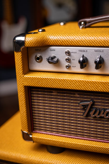 Two-Rock Studio Signature 120v Head and 1x12 Open Back 2R12 Speaker Cabinet - Amber Lacquered Tweed, Silver Anodized, Oxblood Stripe Cloth, Black Knobs, Maroon Pipping