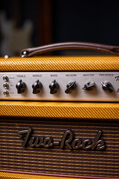 Two-Rock Studio Signature 120v Head and 1x12 Open Back 2R12 Speaker Cabinet - Amber Lacquered Tweed, Silver Anodized, Oxblood Stripe Cloth, Black Knobs, Maroon Pipping