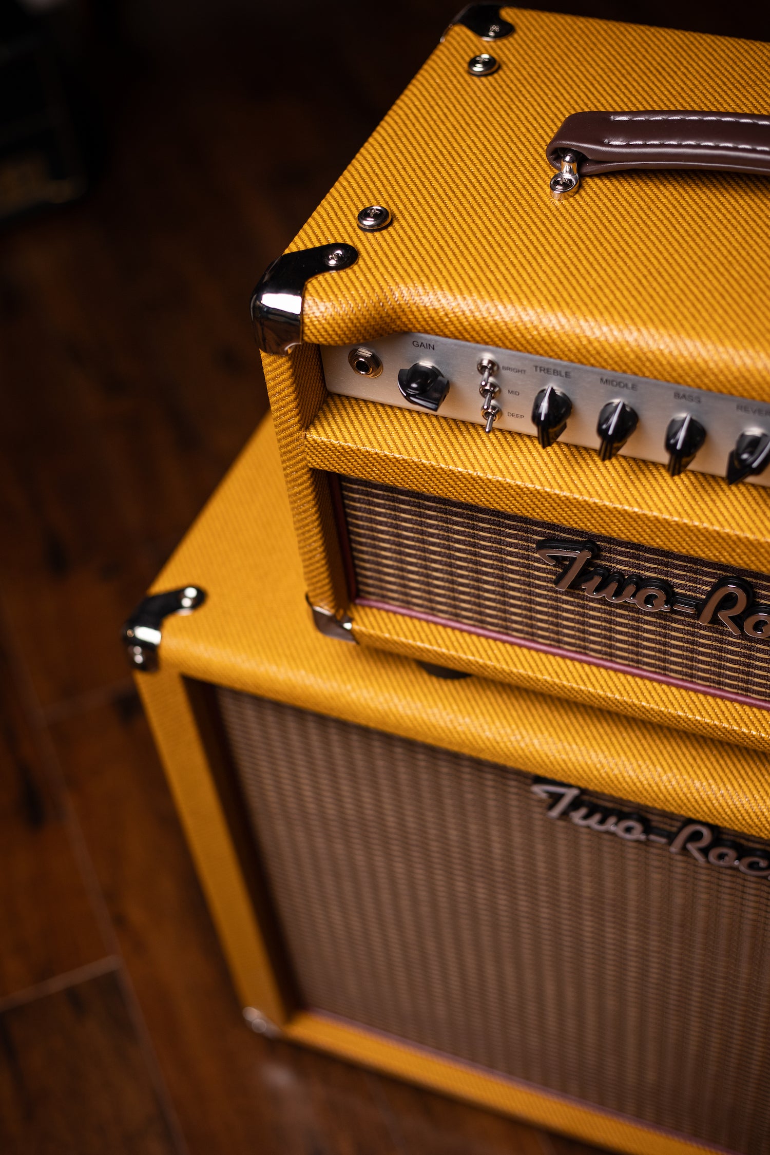 Two-Rock Studio Signature 120v Head and 1x12 Open Back 2R12 Speaker Cabinet - Amber Lacquered Tweed, Silver Anodized, Oxblood Stripe Cloth, Black Knobs, Maroon Pipping