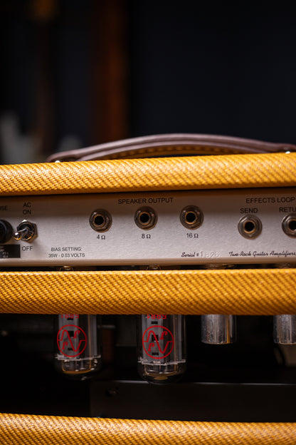 Two-Rock Studio Signature 120v Head and 1x12 Open Back 2R12 Speaker Cabinet - Amber Lacquered Tweed, Silver Anodized, Oxblood Stripe Cloth, Black Knobs, Maroon Pipping