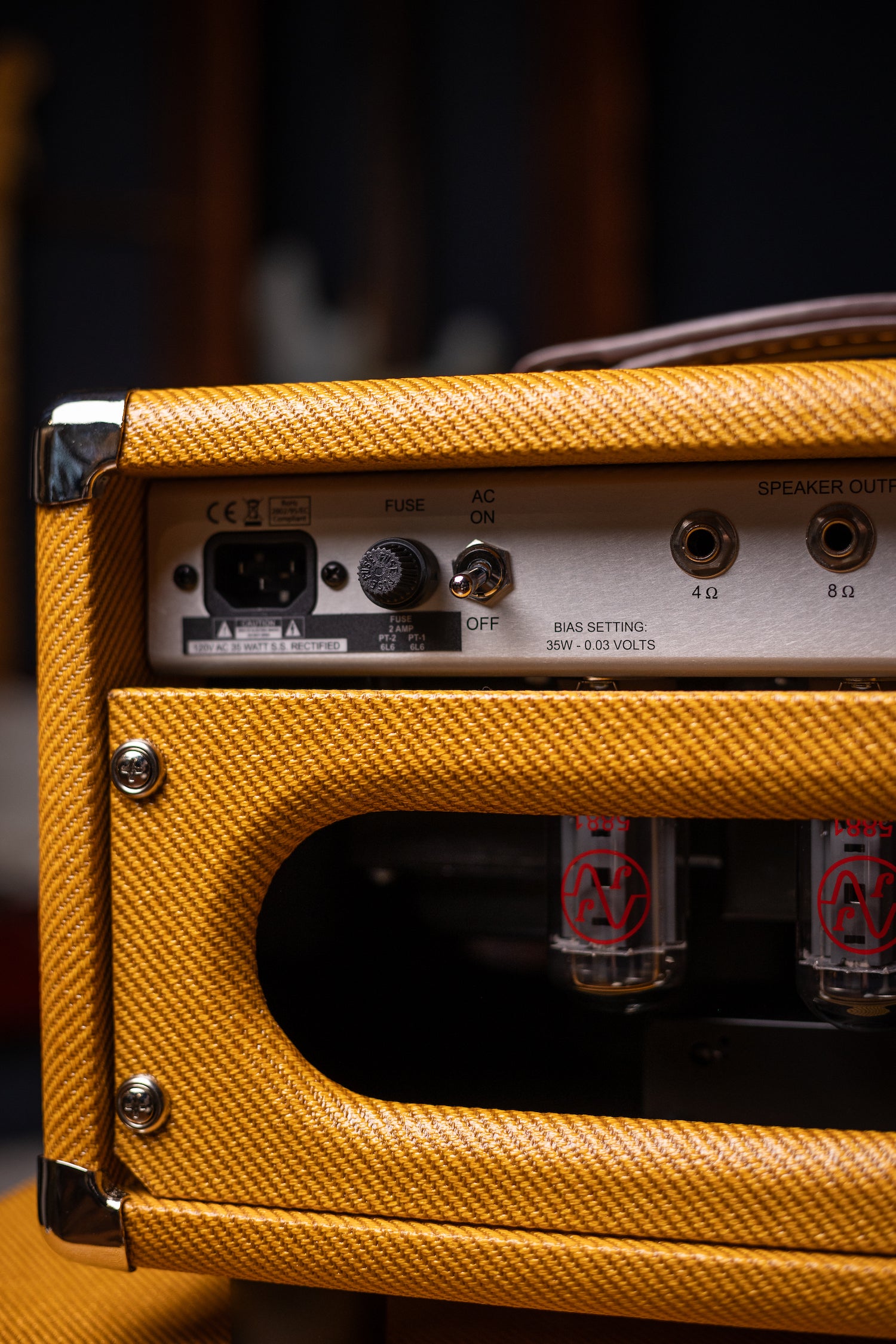 Two-Rock Studio Signature 120v Head and 1x12 Open Back 2R12 Speaker Cabinet - Amber Lacquered Tweed, Silver Anodized, Oxblood Stripe Cloth, Black Knobs, Maroon Pipping