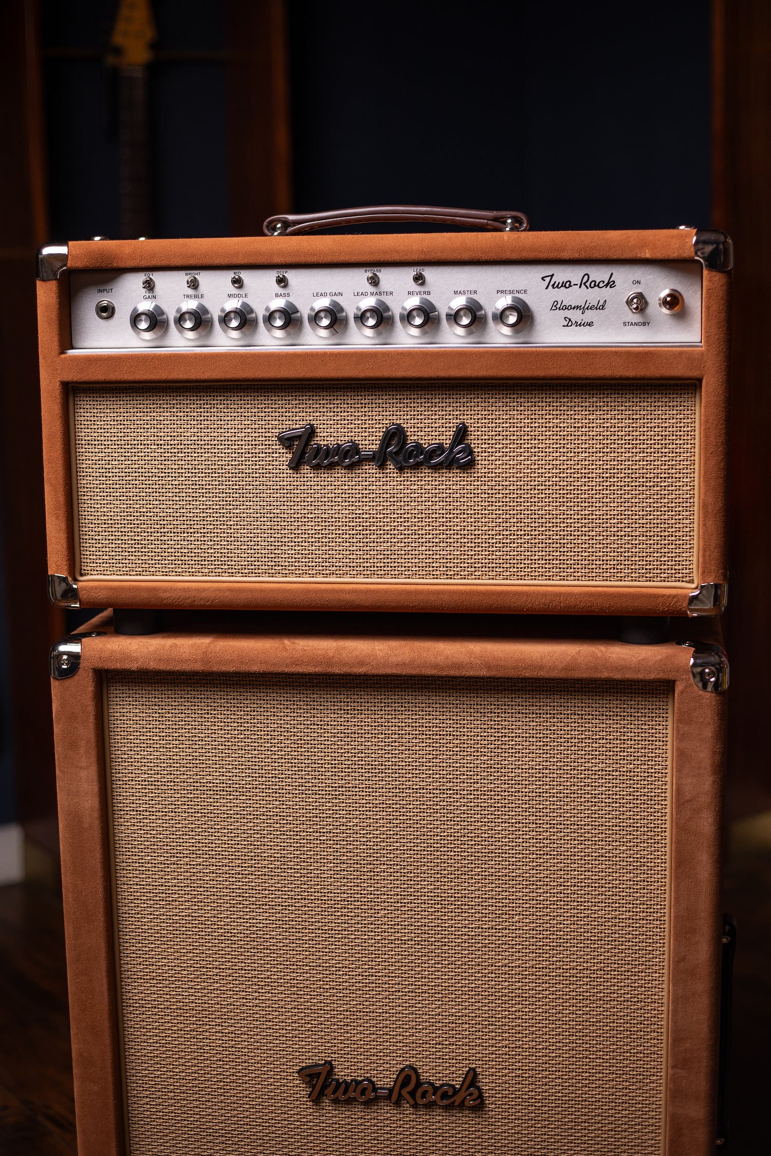 Two-Rock Bloomfield Drive 100/50w Tube Head and Cabinet - Tobacco Suede, Cane Cloth, Silver Anodized, Buckskin Piping, Silver Knobs, TR12 Speakers