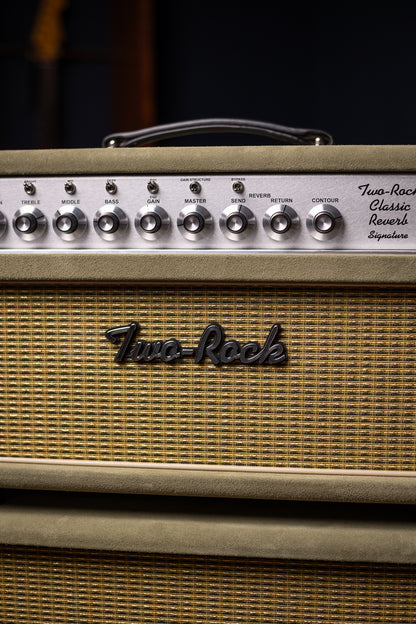 Two-Rock Classic Reverb Signature 100 Watt Head And TR12 Speaker 2x12 Extension Cabinet - Moss Green Suede, Vintage Gold Cloth, Beige Piping, Silver Anodize