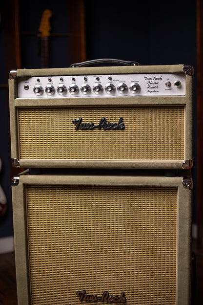 Two-Rock Classic Reverb Signature 100 Watt Head And TR12 Speaker 2x12 Extension Cabinet - Moss Green Suede, Vintage Gold Cloth, Beige Piping, Silver Anodize
