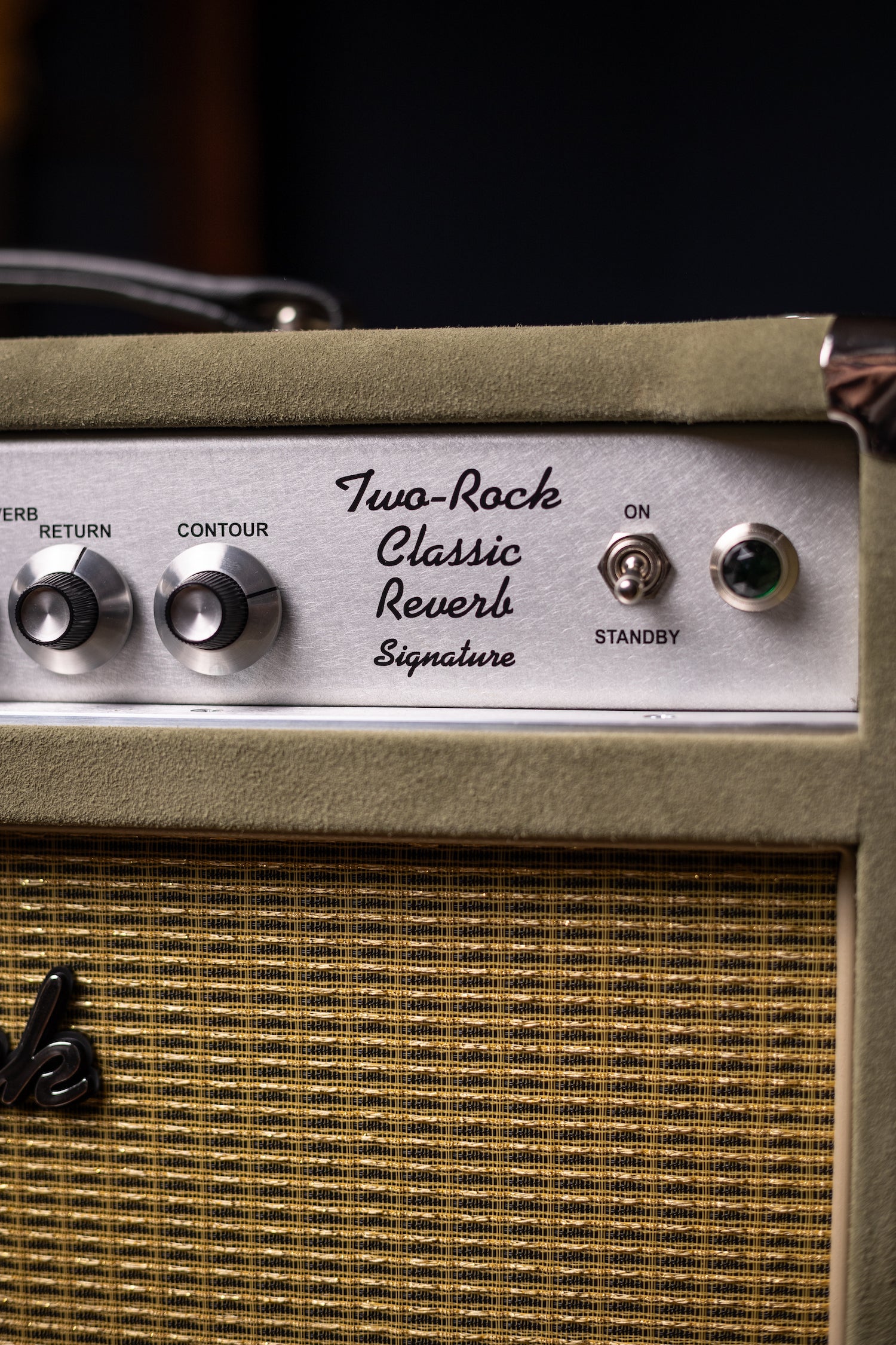 Two-Rock Classic Reverb Signature 100 Watt Head And TR12 Speaker 2x12 Extension Cabinet - Moss Green Suede, Vintage Gold Cloth, Beige Piping, Silver Anodize