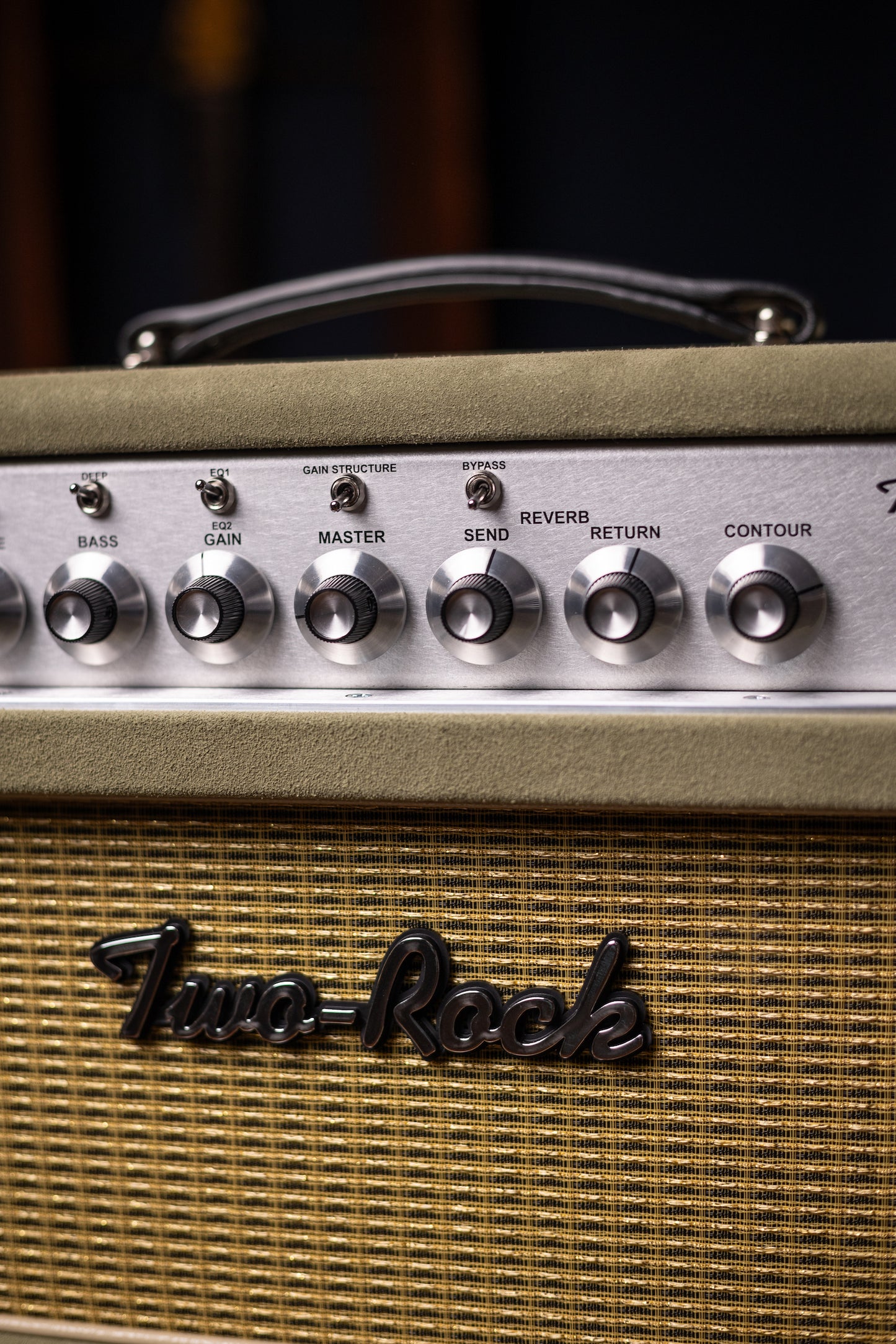 Two-Rock Classic Reverb Signature 100 Watt Head And TR12 Speaker 2x12 Extension Cabinet - Moss Green Suede, Vintage Gold Cloth, Beige Piping, Silver Anodize