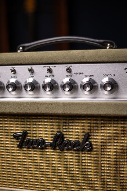 Two-Rock Classic Reverb Signature 100 Watt Head And TR12 Speaker 2x12 Extension Cabinet - Moss Green Suede, Vintage Gold Cloth, Beige Piping, Silver Anodize