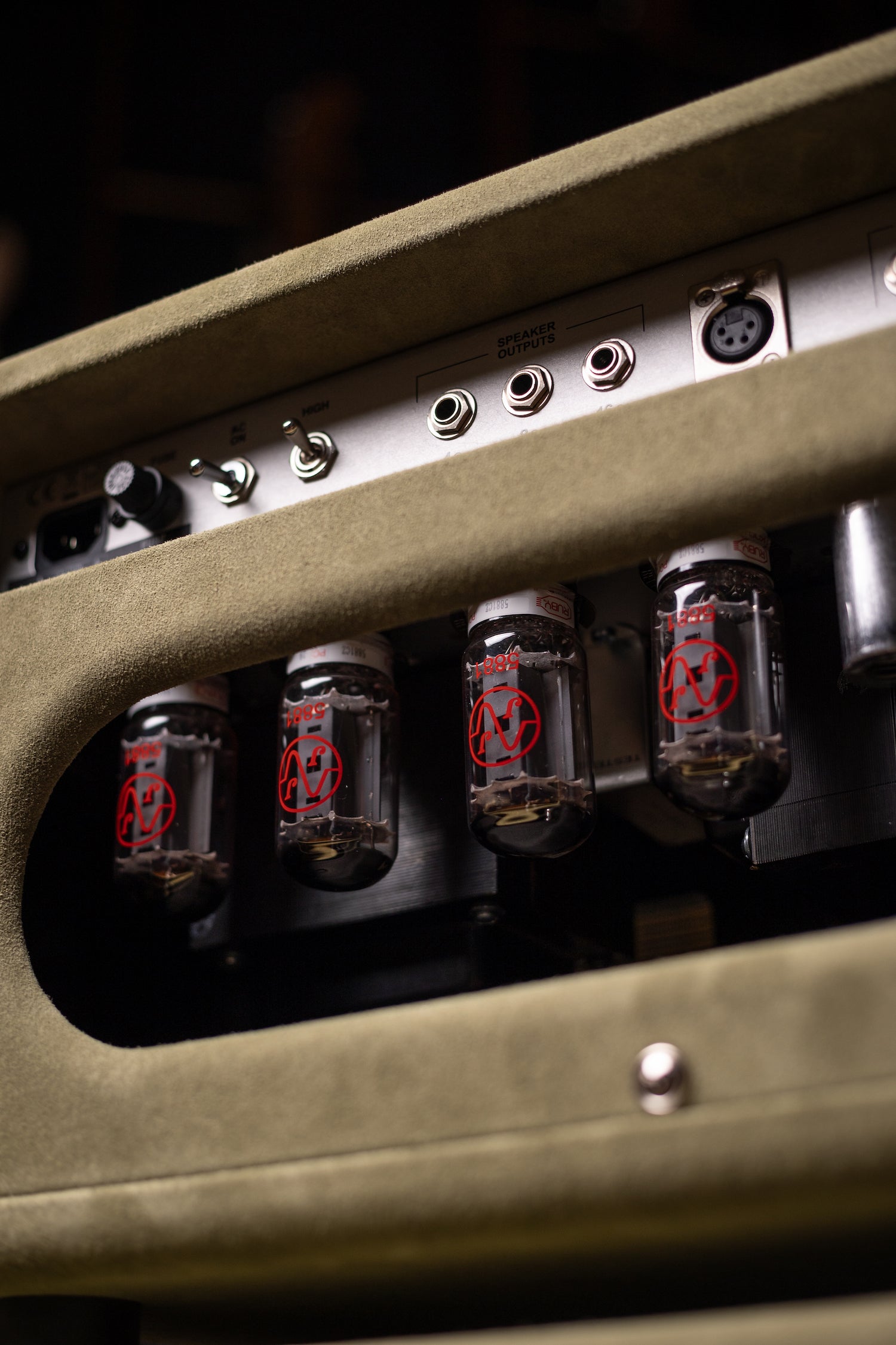 Two-Rock Classic Reverb Signature 100 Watt Head And TR12 Speaker 2x12 Extension Cabinet - Moss Green Suede, Vintage Gold Cloth, Beige Piping, Silver Anodize
