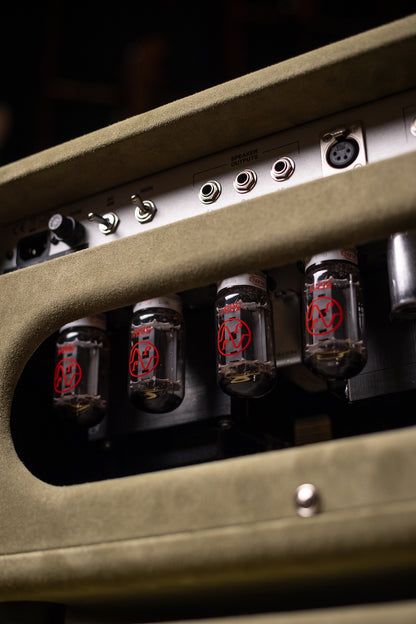 Two-Rock Classic Reverb Signature 100 Watt Head And TR12 Speaker 2x12 Extension Cabinet - Moss Green Suede, Vintage Gold Cloth, Beige Piping, Silver Anodize