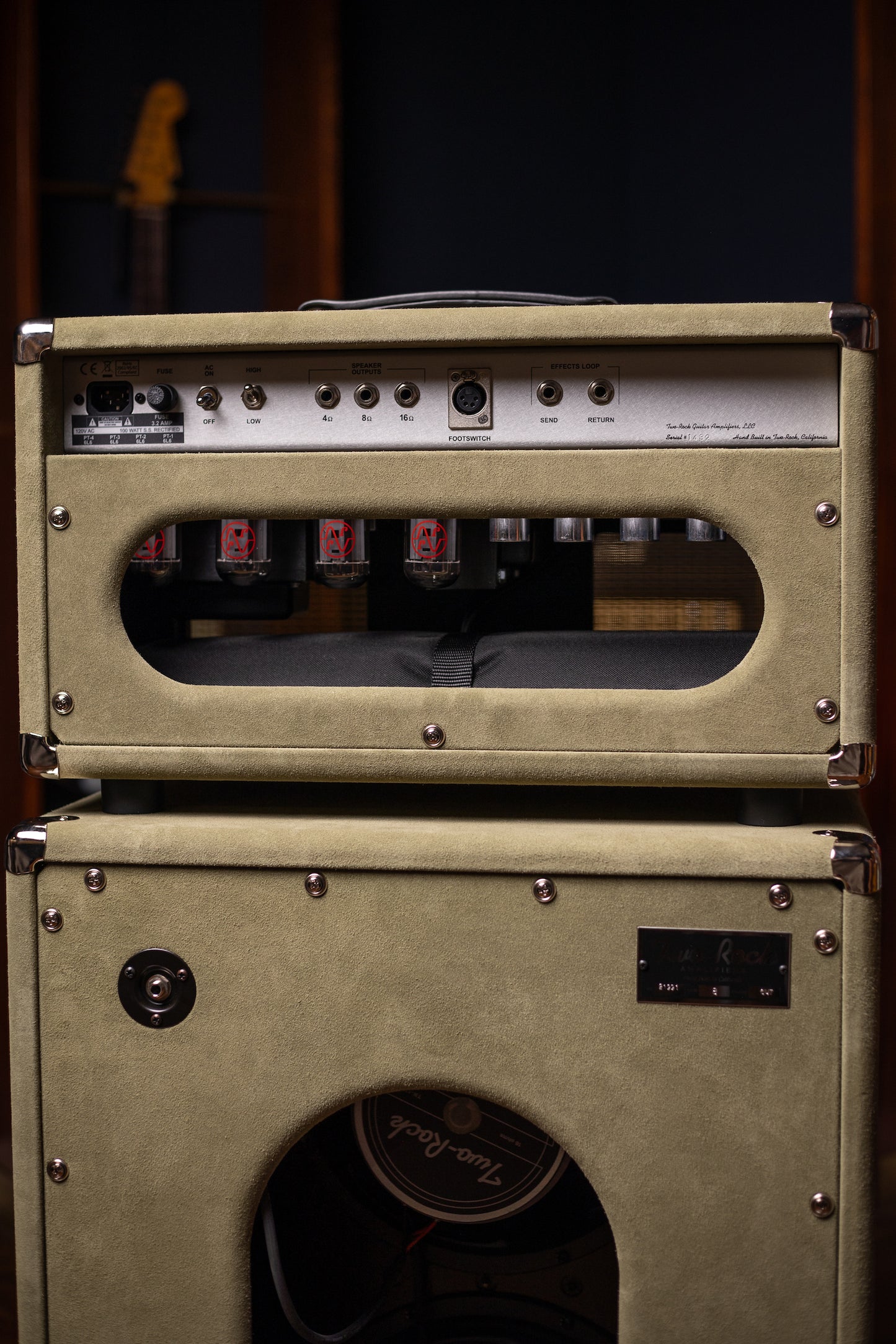 Two-Rock Classic Reverb Signature 100 Watt Head And TR12 Speaker 2x12 Extension Cabinet - Moss Green Suede, Vintage Gold Cloth, Beige Piping, Silver Anodize