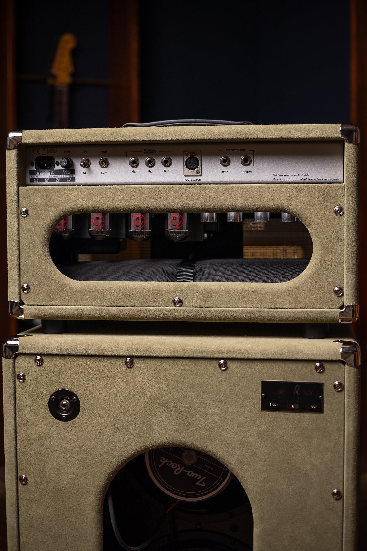 Two-Rock Classic Reverb Signature 100 Watt Head And TR12 Speaker 2x12 Extension Cabinet - Moss Green Suede, Vintage Gold Cloth, Beige Piping, Silver Anodize