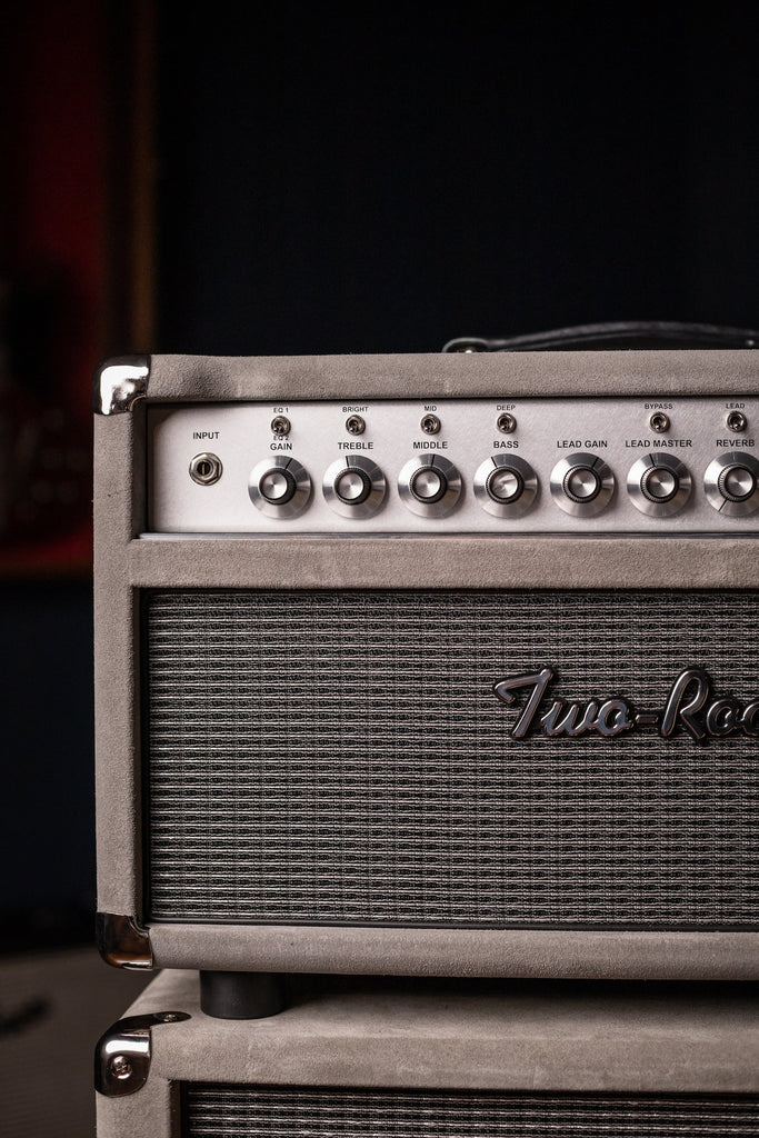IN STOCK! Two-Rock Bloomfield Drive 100/50w Tube Head and Cabinet - Grey Suede, Silver Cloth, Silver Anodized, Silver Skirt Knobs