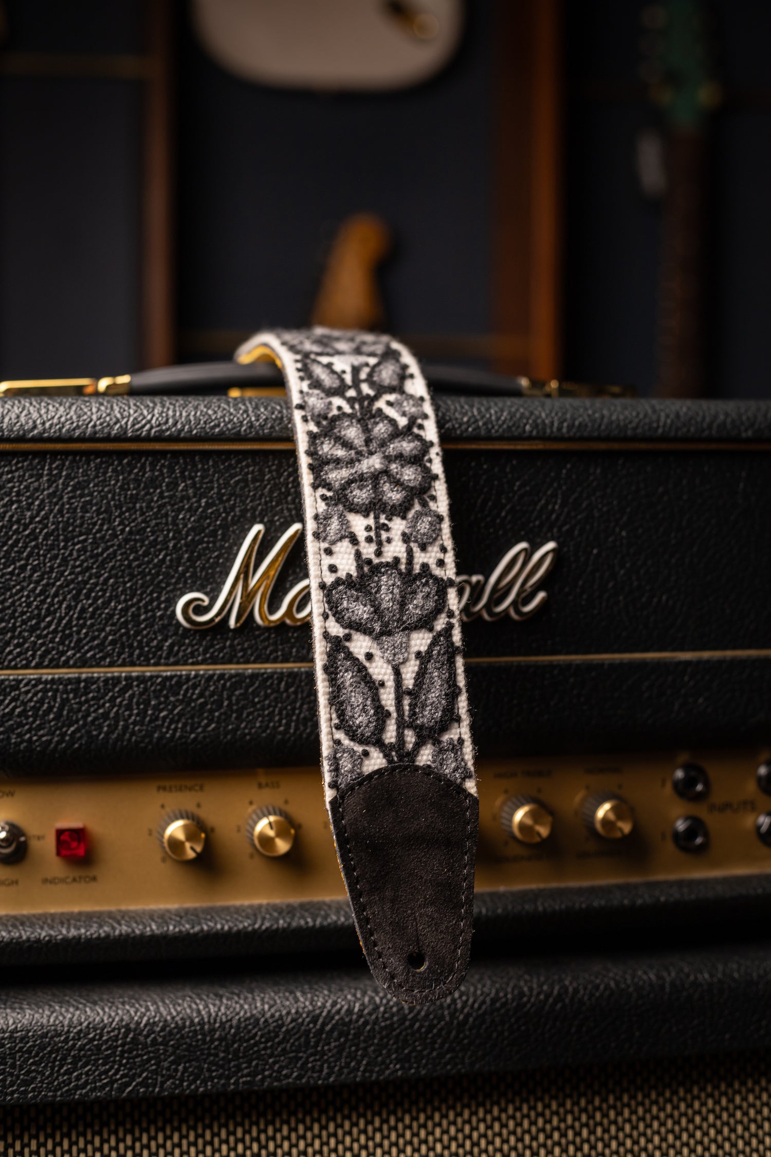 Walt Grace Vintage Suede Guitar Strap - Black Suede/Black and White Floral