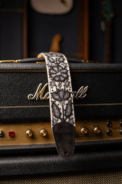 Walt Grace Vintage Suede Guitar Strap - Black Suede/Black and White Floral