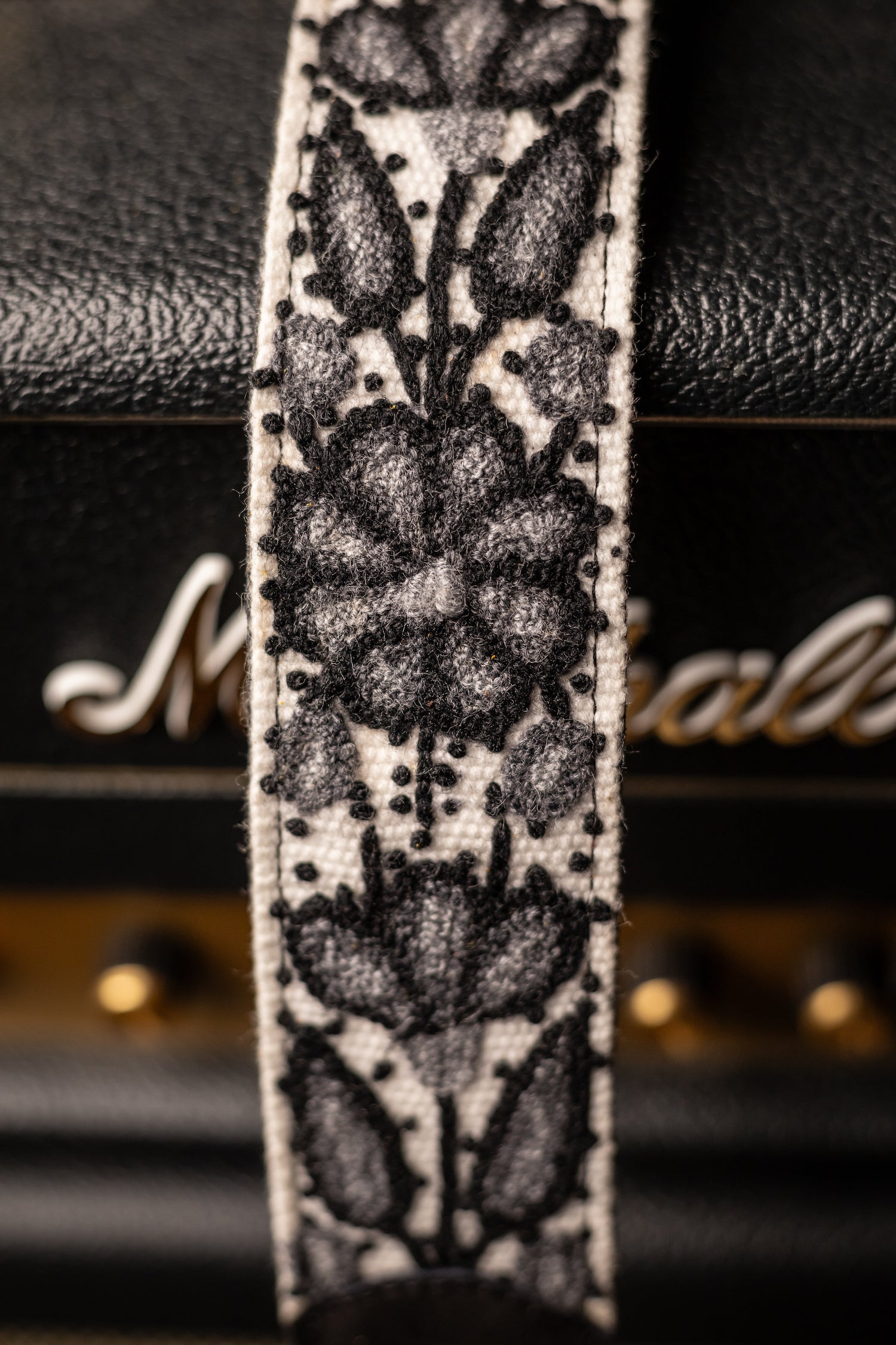 Walt Grace Vintage Suede Guitar Strap - Black Suede/Black and White Floral