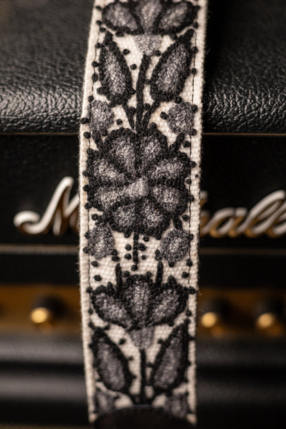 Walt Grace Vintage Suede Guitar Strap - Black Suede/Black and White Floral