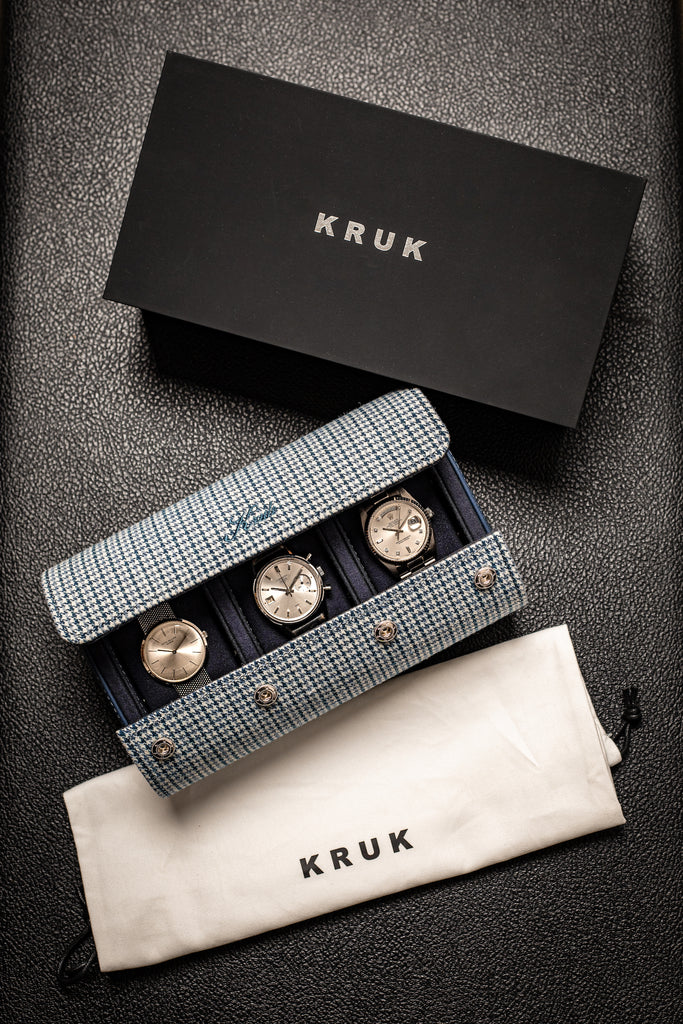 KRUK Blue Pepita Triple Watch Travel & Storage Case With Black Suede Lining