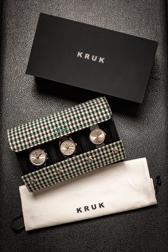 KRUK Green Pepita Triple Watch Travel & Storage Case