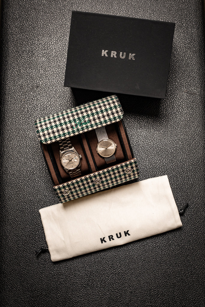 KRUK Green Pepita Double Watch Travel & Storage Case With Chocolate Suede Lining