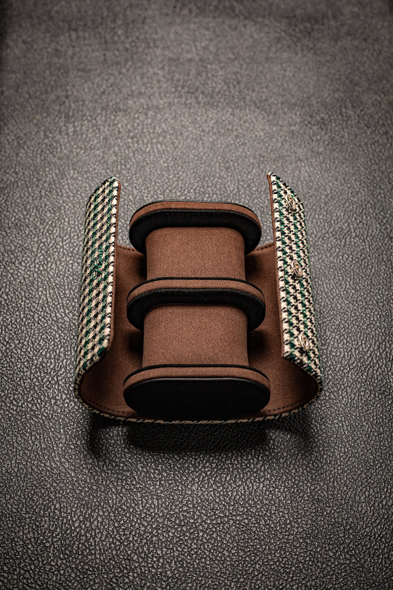 KRUK Green Pepita Double Watch Travel & Storage Case With Chocolate Suede Lining