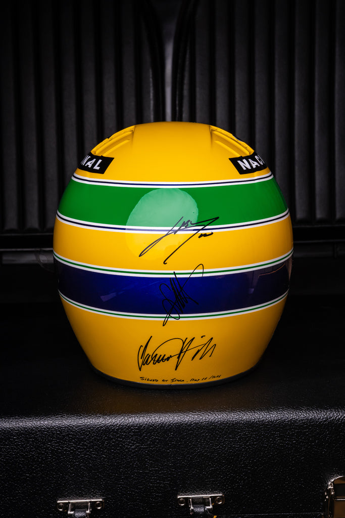 Ayrton Senna Replica Helmet Signed by Ayrton Senna, Damon Hill, Sebastian Vettel and Pierre Gasly Imola