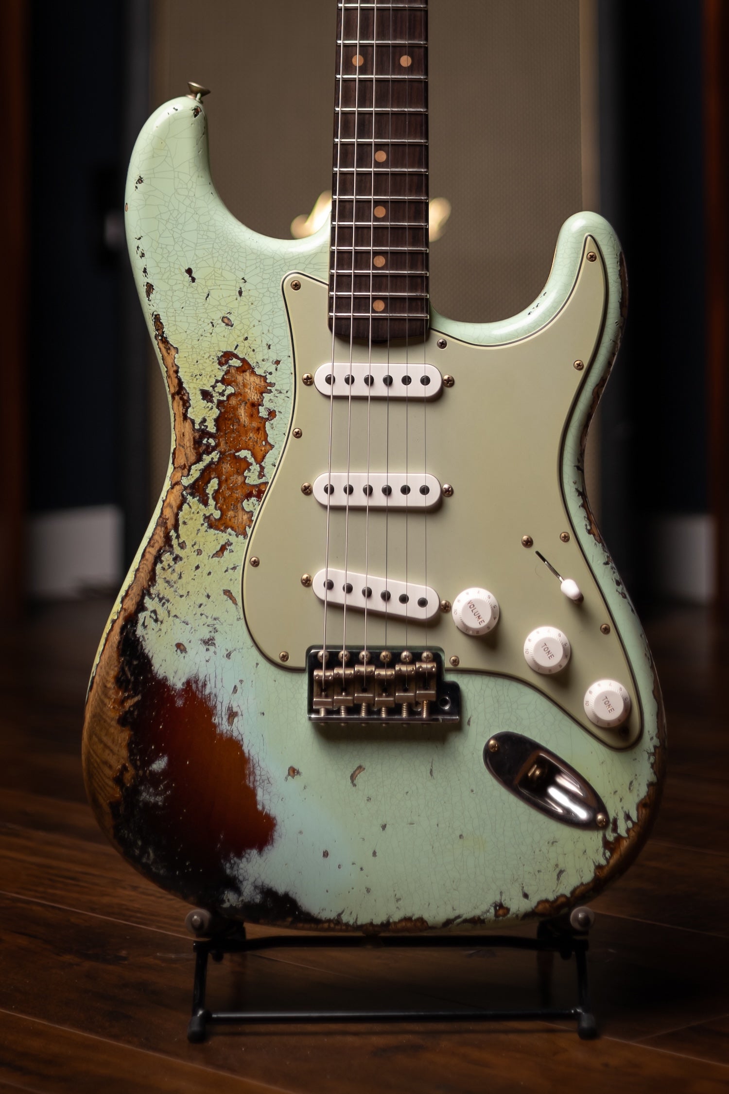 Fender Custom Shop 1961 Stratocaster Super Heavy Relic, 3A Rosewood Fingerboard Electric Guitar - Aged Surf Green over 3-Color Sunburst