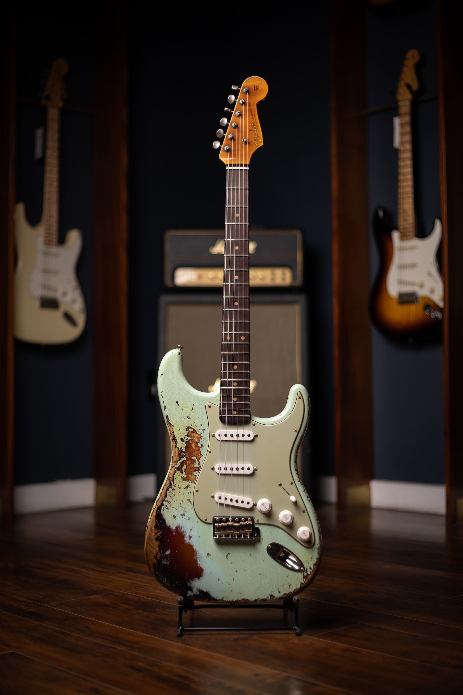 Fender Custom Shop 1961 Stratocaster Super Heavy Relic, 3A Rosewood Fingerboard Electric Guitar - Aged Surf Green over 3-Color Sunburst